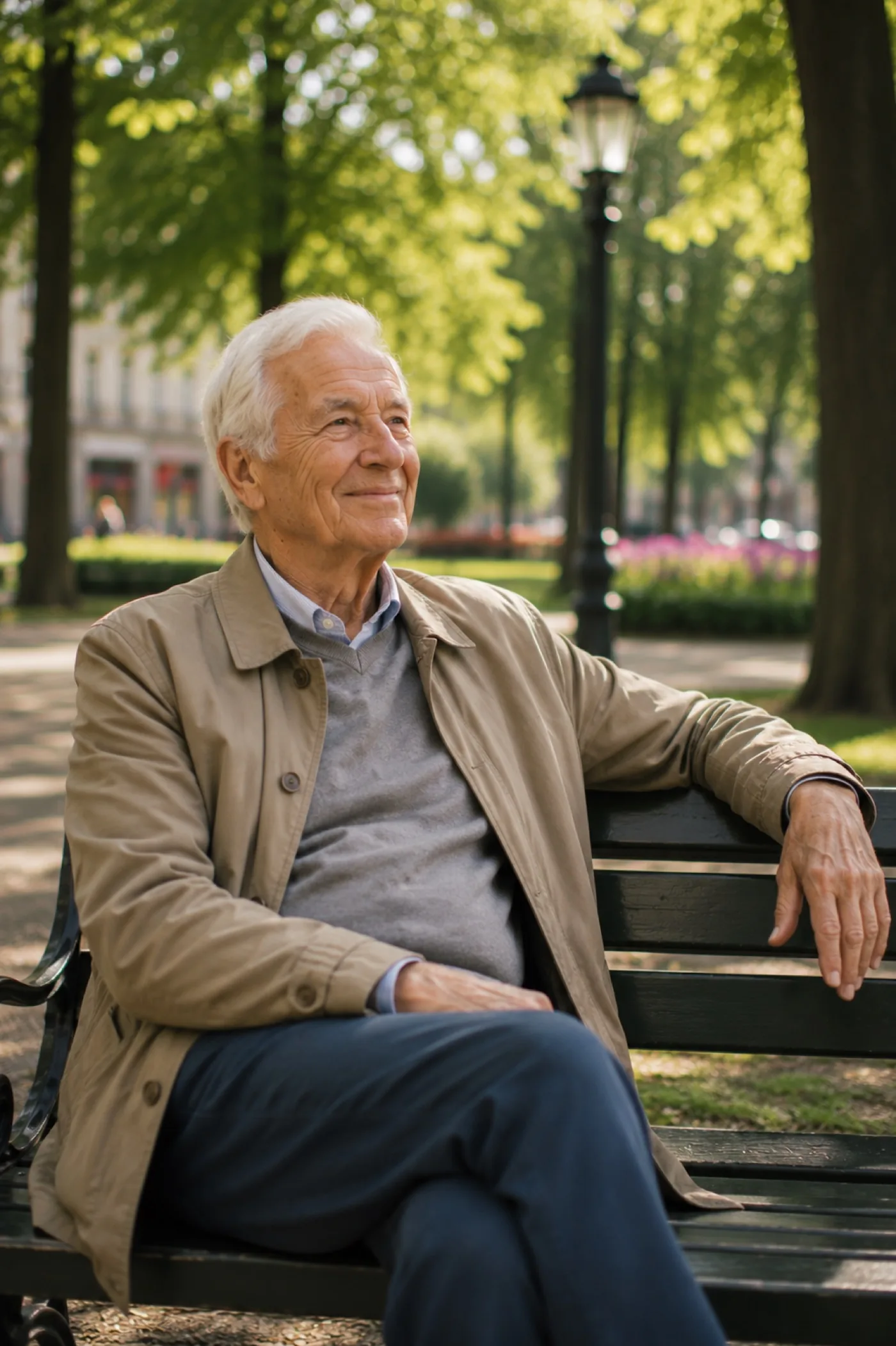 Älterer Herr sitzt entspannt und gelassen auf einer Parkbank