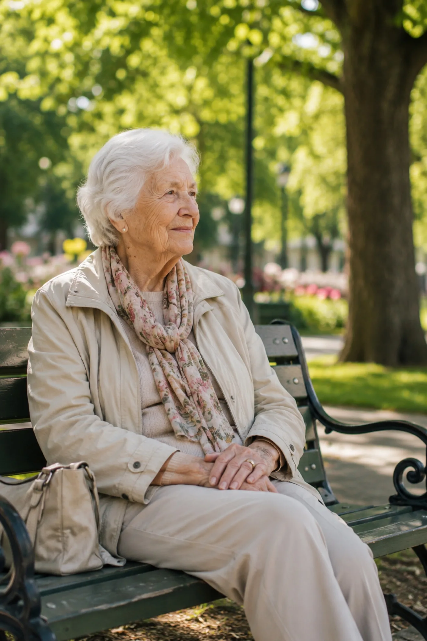 Ältere Dame sitzt entspannt und gelassen auf einer Parkbank